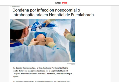 Condena por infección nosocomial o intrahospitalaria en Hospital de Fuenlabrada